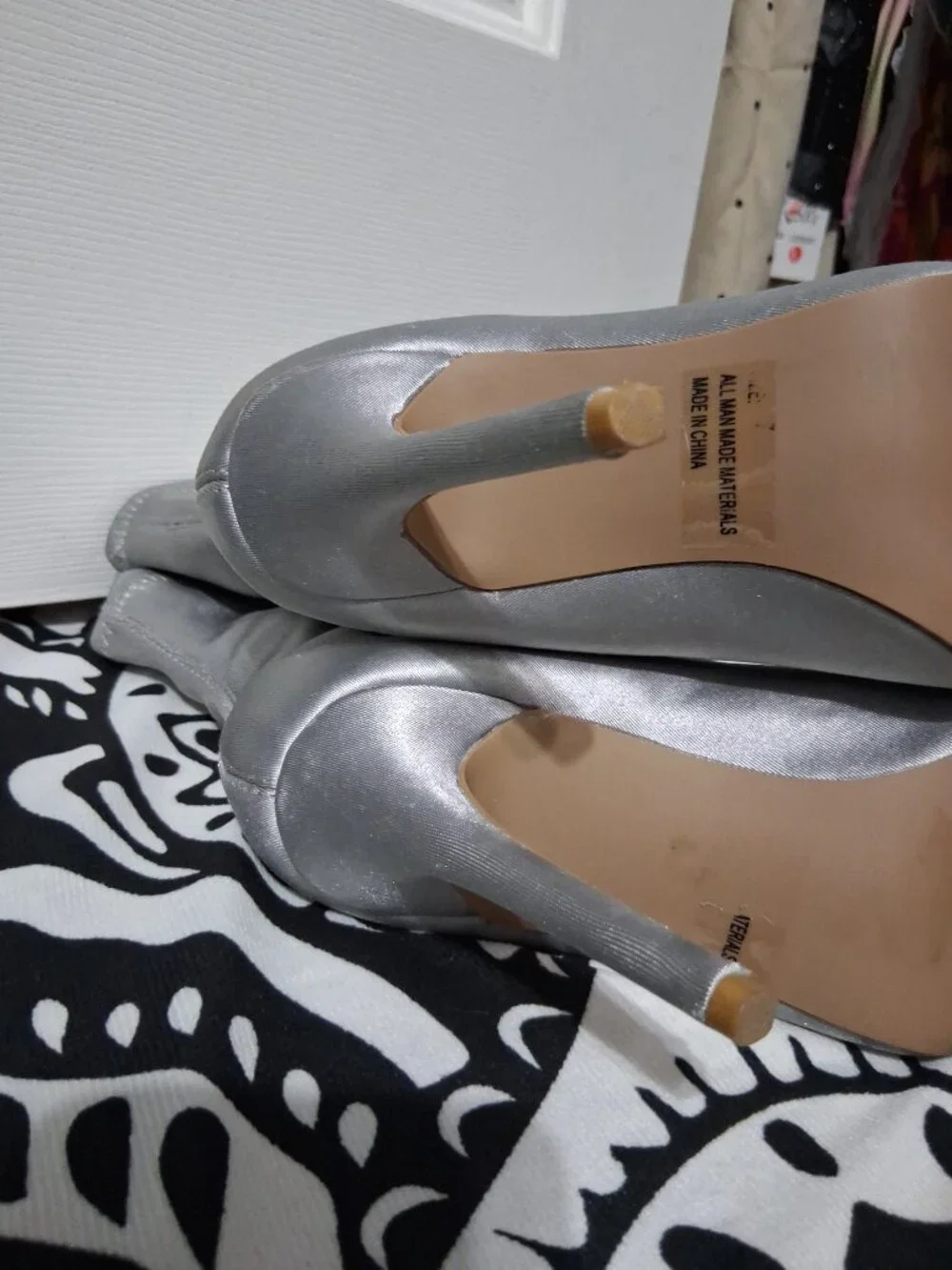 Qupid Silver Stretch Satin Sock Boots Pointed Toe Stiletto Heels